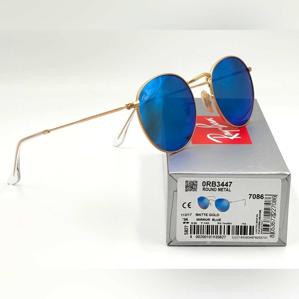 Ray-Ban Lennon Sunglasses RB3447 Round Classic Gold Frame Blue Flash Mirror - Picture 13 of 15